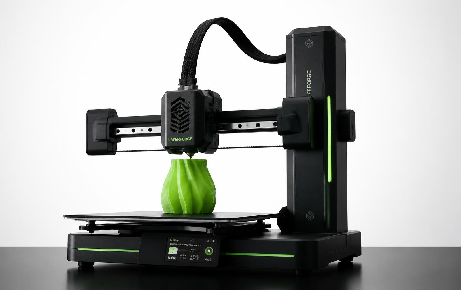 Impressora 3D imprimindo um vaso em filamento verde limão